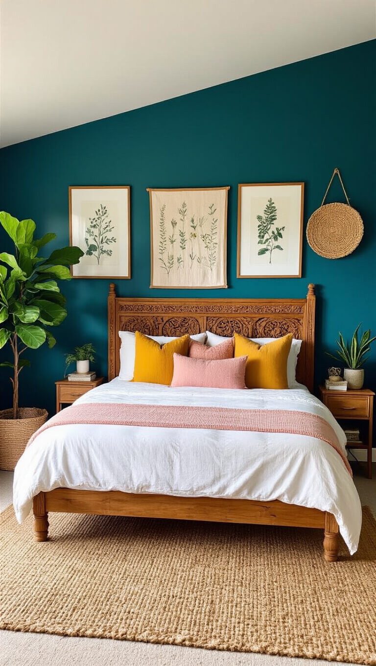 Boho bedroom with carved wooden bed, white linens, colorful throw pillows, deep teal statement wall, gallery of botanical prints and woven art, jute rug on sisal carpet, and fiddle leaf fig in natural daylight.