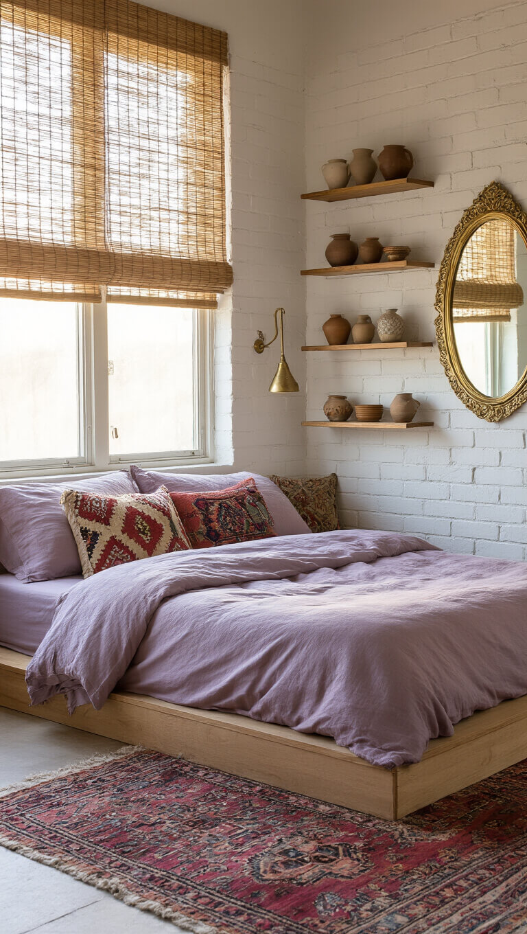 Bohemian bedroom at dawn with low platform bed in lavender and rose linens, vintage kilim pillows, bamboo blinds, floating shelves on whitewashed brick wall, and Moroccan wedding blanket.