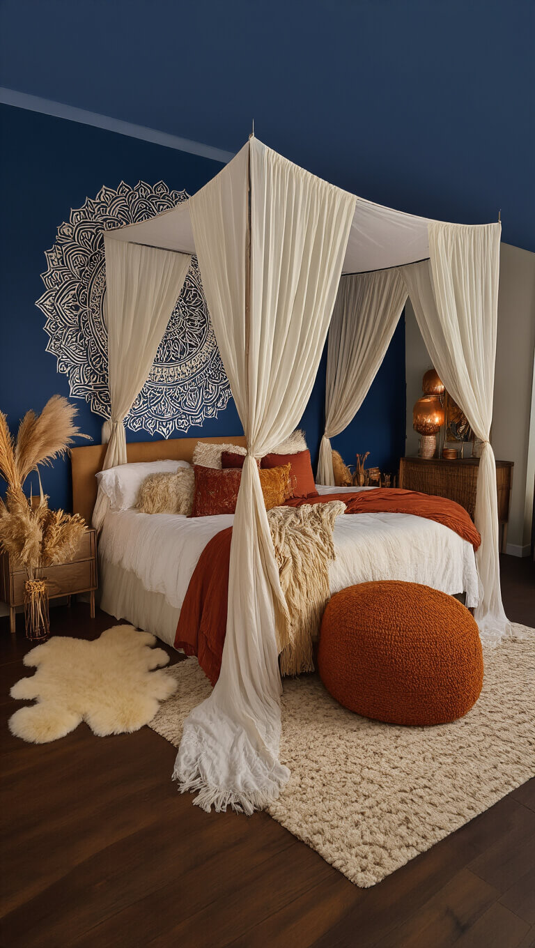 Boho bedroom at dusk with canopy bed, warm-toned textiles, indigo mandala wall, copper mirror, sheepskin rugs, and pampas grass décor.