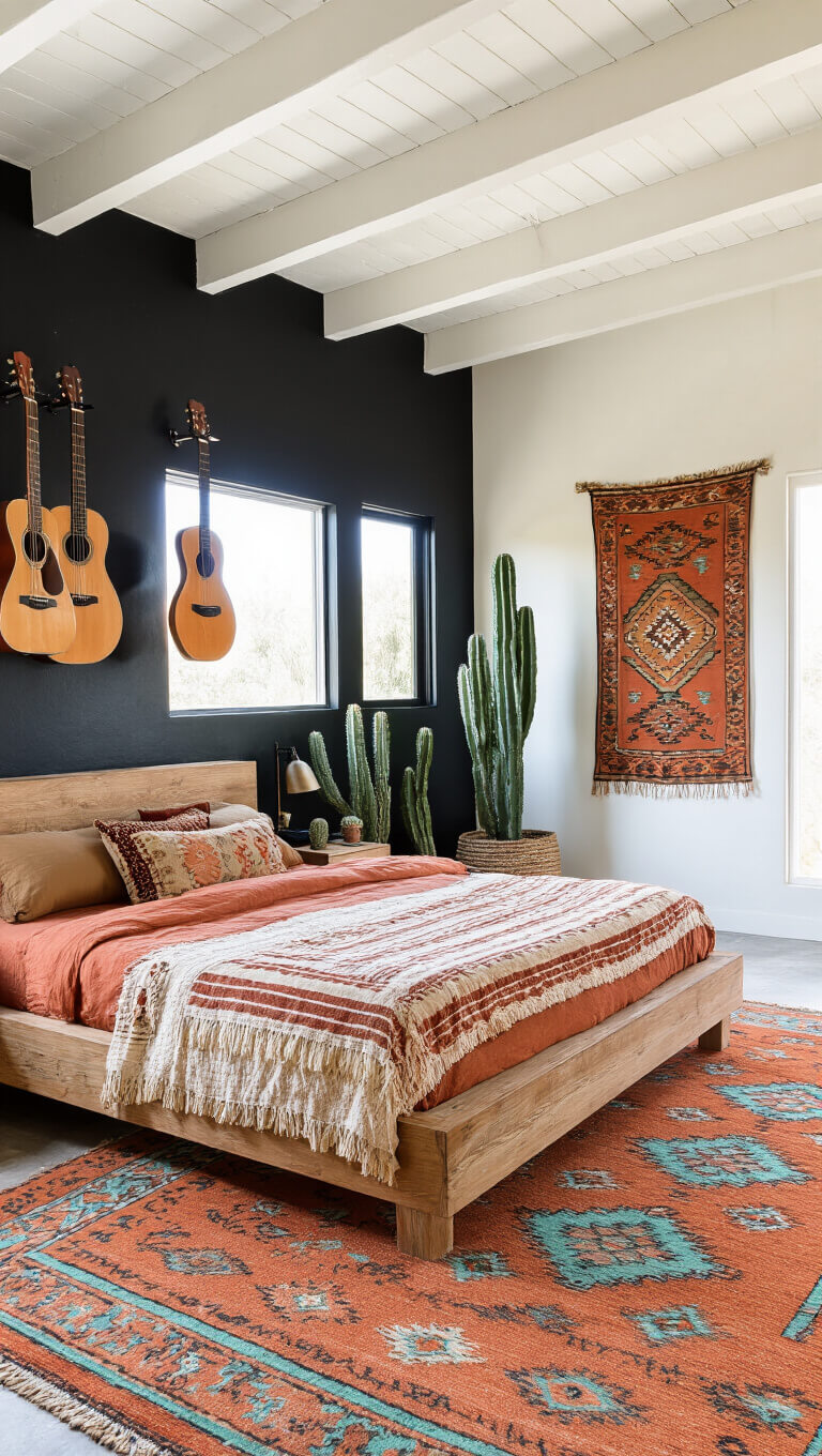 Desert-inspired bedroom with platform bed, terra cotta and sand blankets, black accent wall with guitars, white beam ceiling, Southwestern rug, and cacti decor.