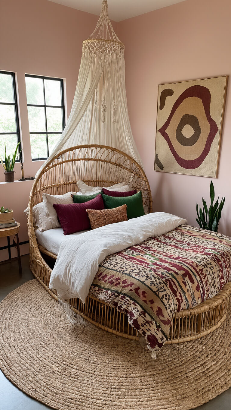 Bird's eye view of a 16x16ft bohemian bedroom with a circular rattan bed under a macramé canopy, layered with mud cloth and kilim pillows; pale pink walls, black metal windows, snake plants on ledges, and large abstract earth-toned art.