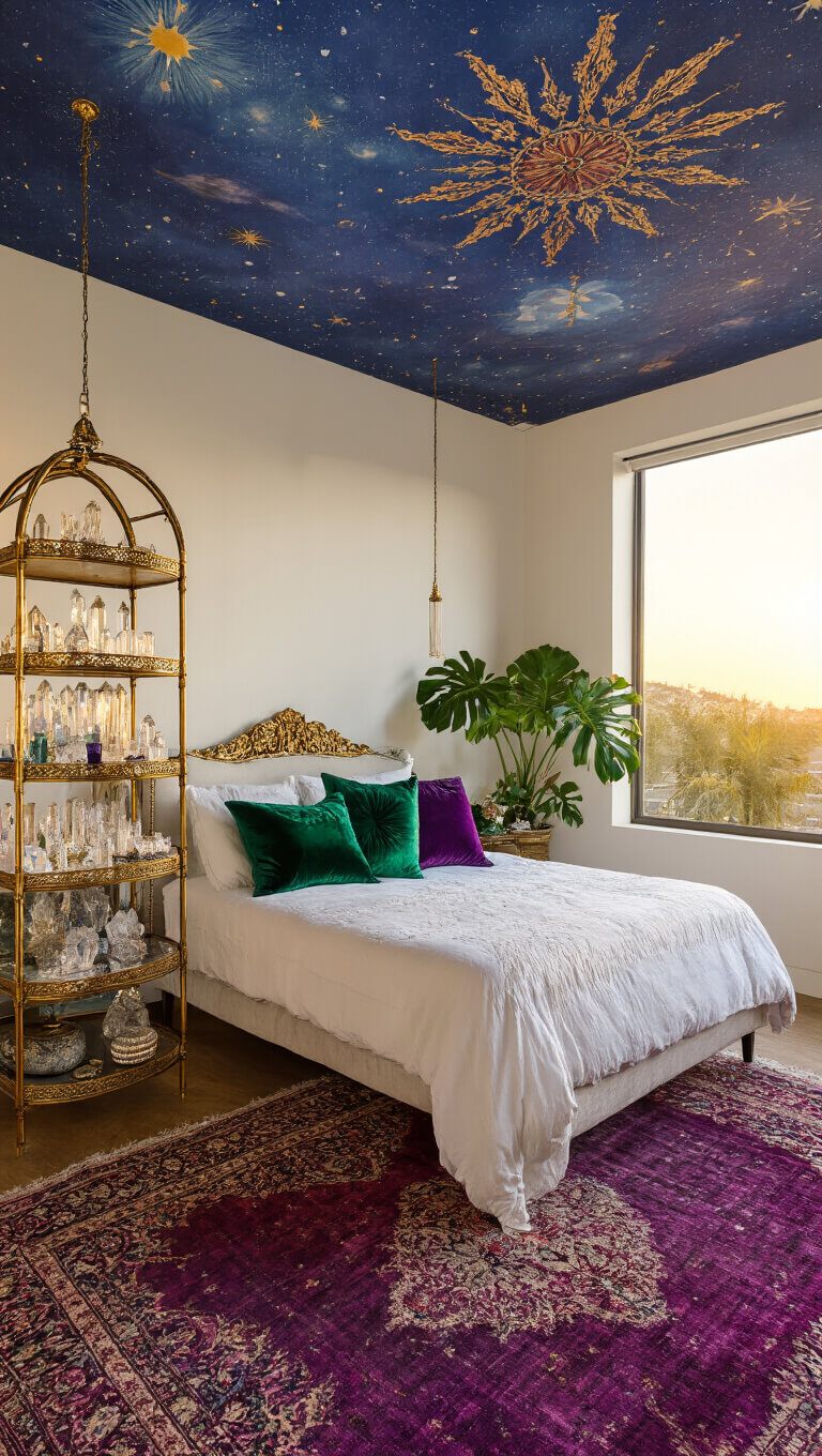 Eclectic boho bedroom at sunset with jewel-toned pillows on low bed, celestial mural on ceiling, vintage brass étagère with crystals, deep purple overdyed rug, and monstera plant.