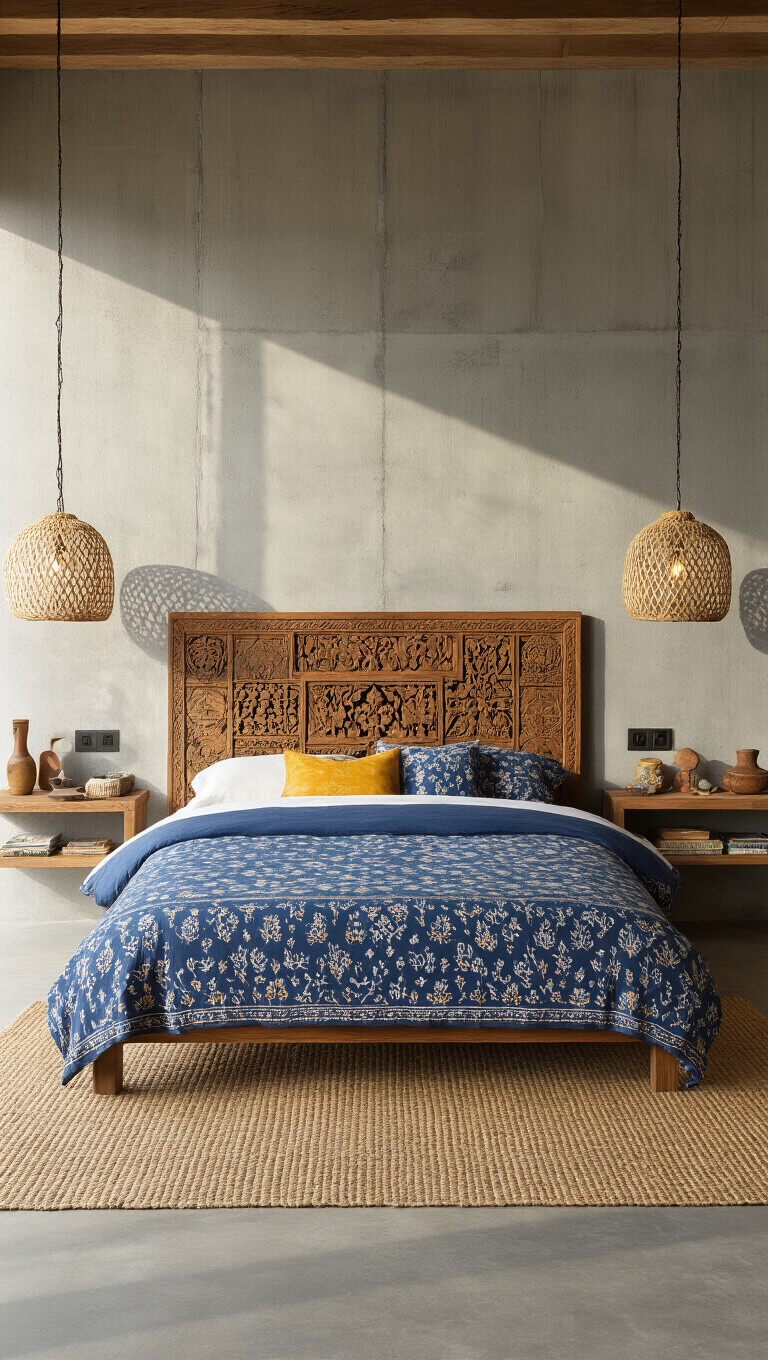 Global-inspired bedroom at dawn with carved wooden headboard, indigo and saffron block-printed bedding, woven pendant lights, and travel artifacts on floating shelves.