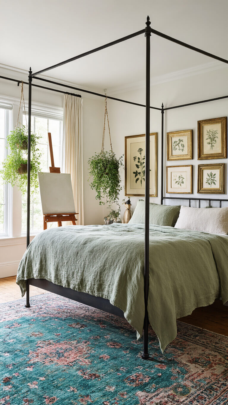 Boho artist's bedroom with iron canopy bed, gallery wall of botanical prints, easel by window, and overdyed Turkish rug.
