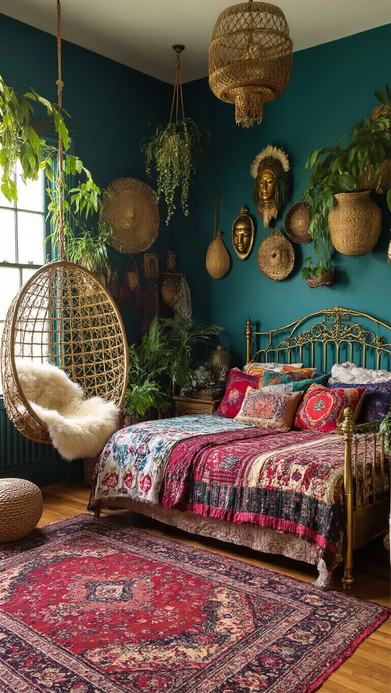 Maximalist boho bedroom with ornate brass bed, global textiles, dark teal walls, vintage rugs, hanging chair, and lush plants at golden hour.