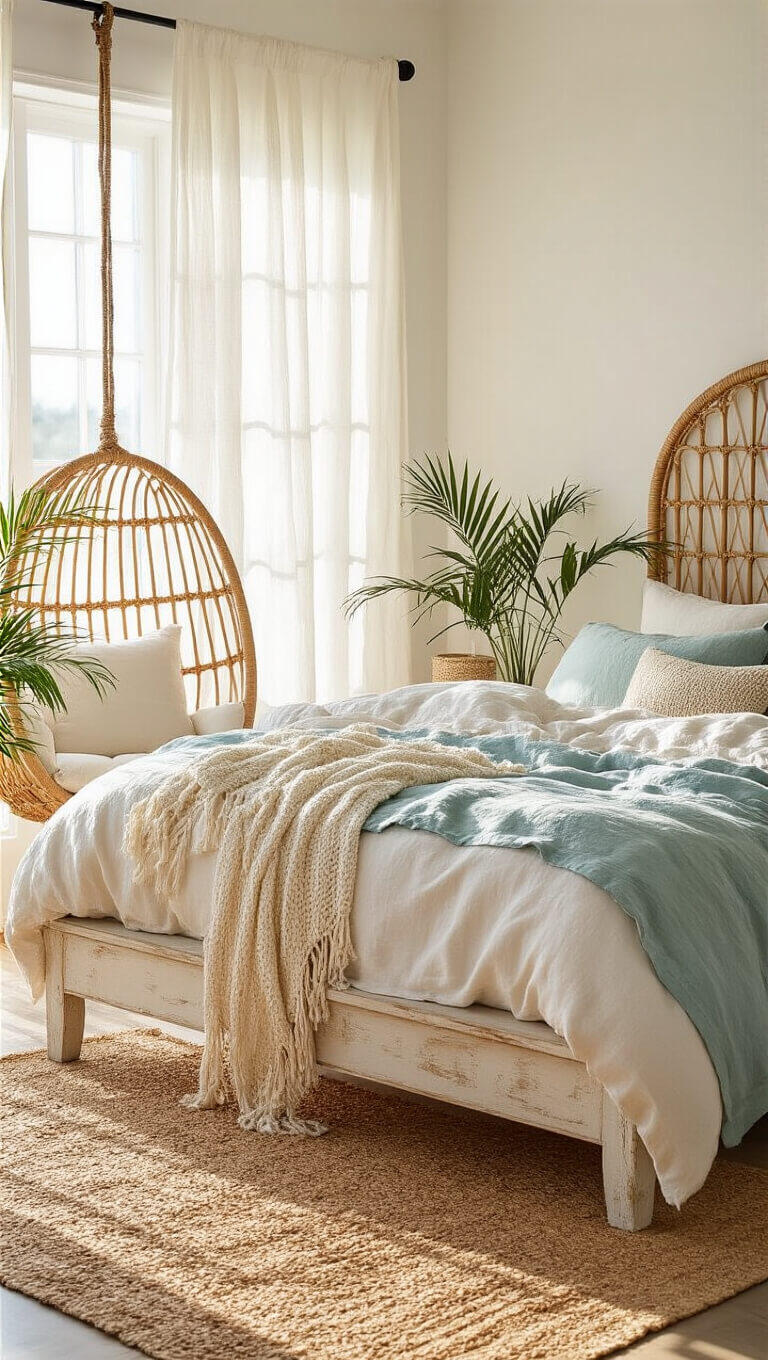 Boho coastal bedroom at golden hour with rattan headboard, linen bedding, hanging chair, jute rug, and palm shadows, captured at bed level with soft focus.