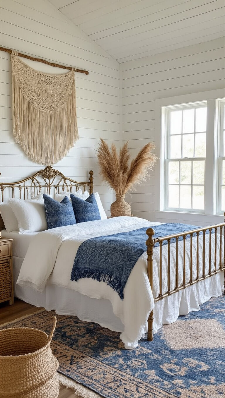 Coastal boho bedroom with vintage brass bed, indigo pillows, macramé wall art, driftwood decor, and natural light highlighting textures.