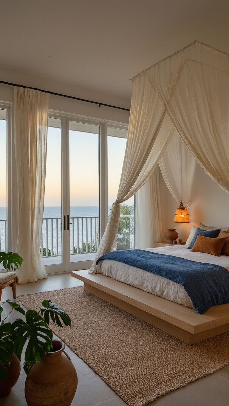 Dusk interior of serene 16x18ft bedroom with ocean views, platform bed, billowing curtains, and moody amber lighting.