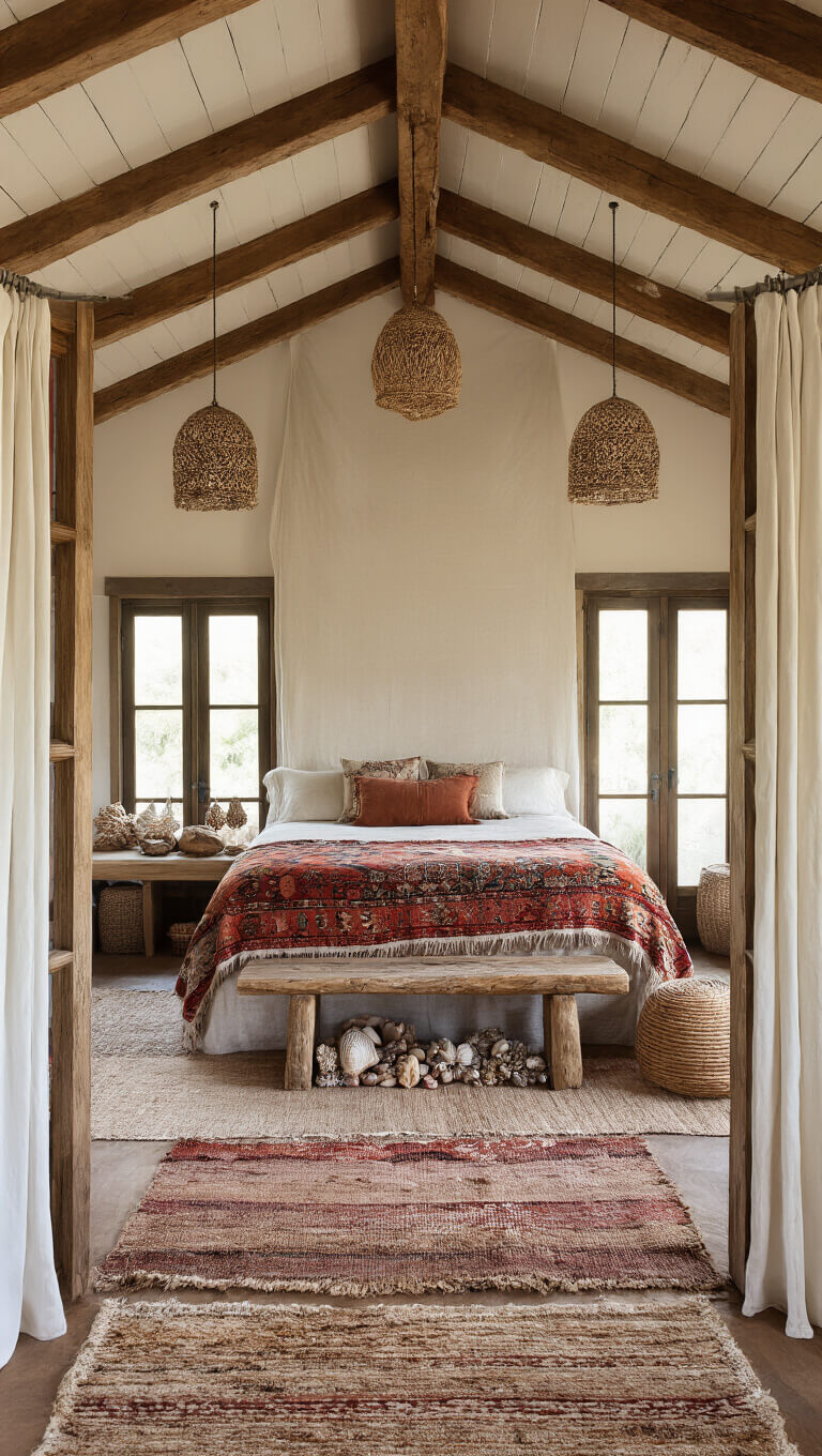 Boho retreat room with vaulted ceiling, exposed wooden beams, Moroccan wedding blanket headboard, layered natural fiber rugs, raw silk draped French doors, pendant lights casting shadows, and reclaimed wood console with shell decor.