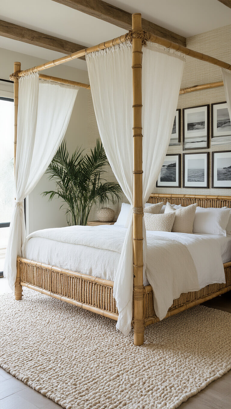 Coastal bedroom with bamboo canopy bed draped in white fabric, surrounded by potted palms, eucalyptus, and ocean photography on textured walls.