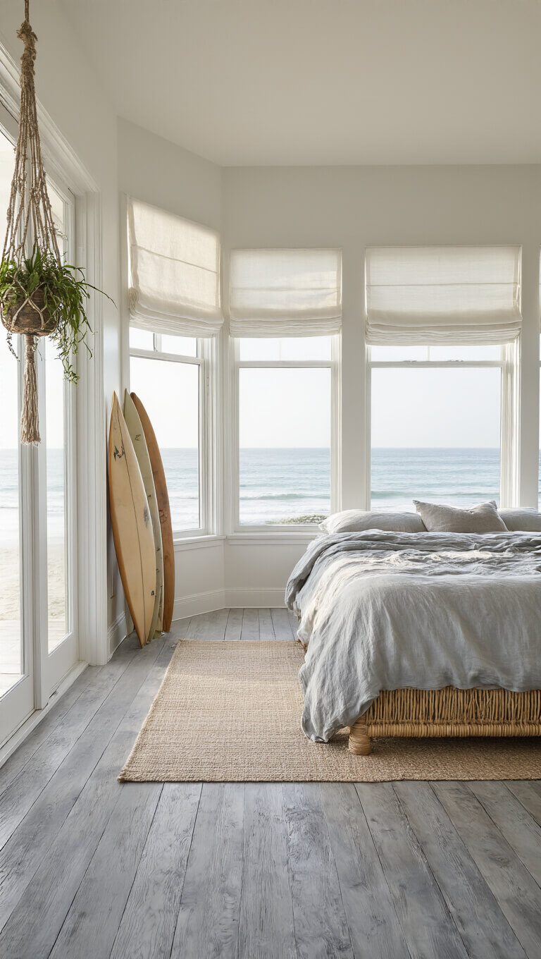 Beachside bedroom at sunrise with rattan bed, stonewashed linens, vintage surfboards, and hanging air plants in soft focus.