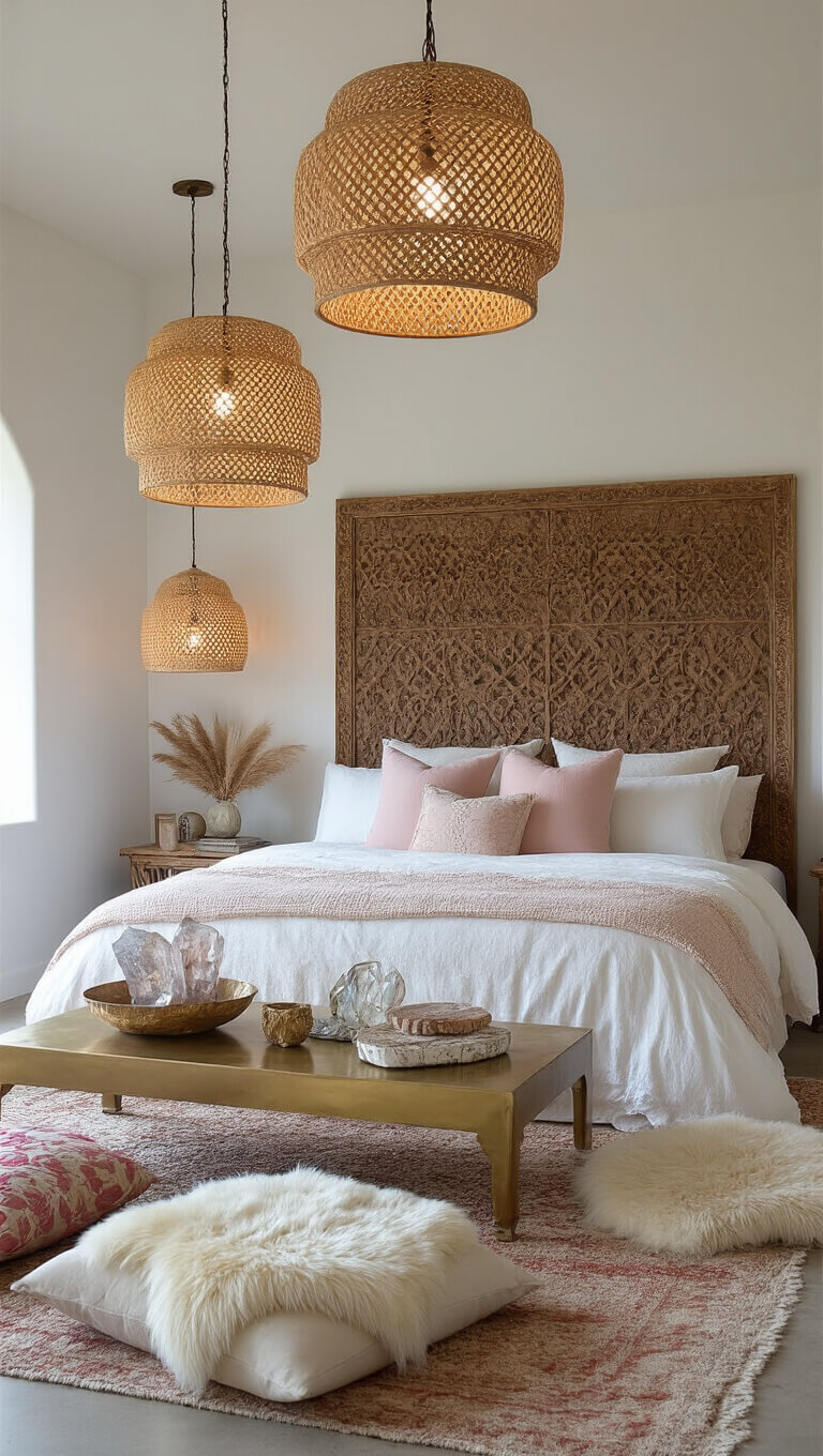 Boho bedroom interior at twilight with woven pendant lighting, carved wood headboard, ivory and pink bedding, floor cushions, brass coffee table, and textured decor.