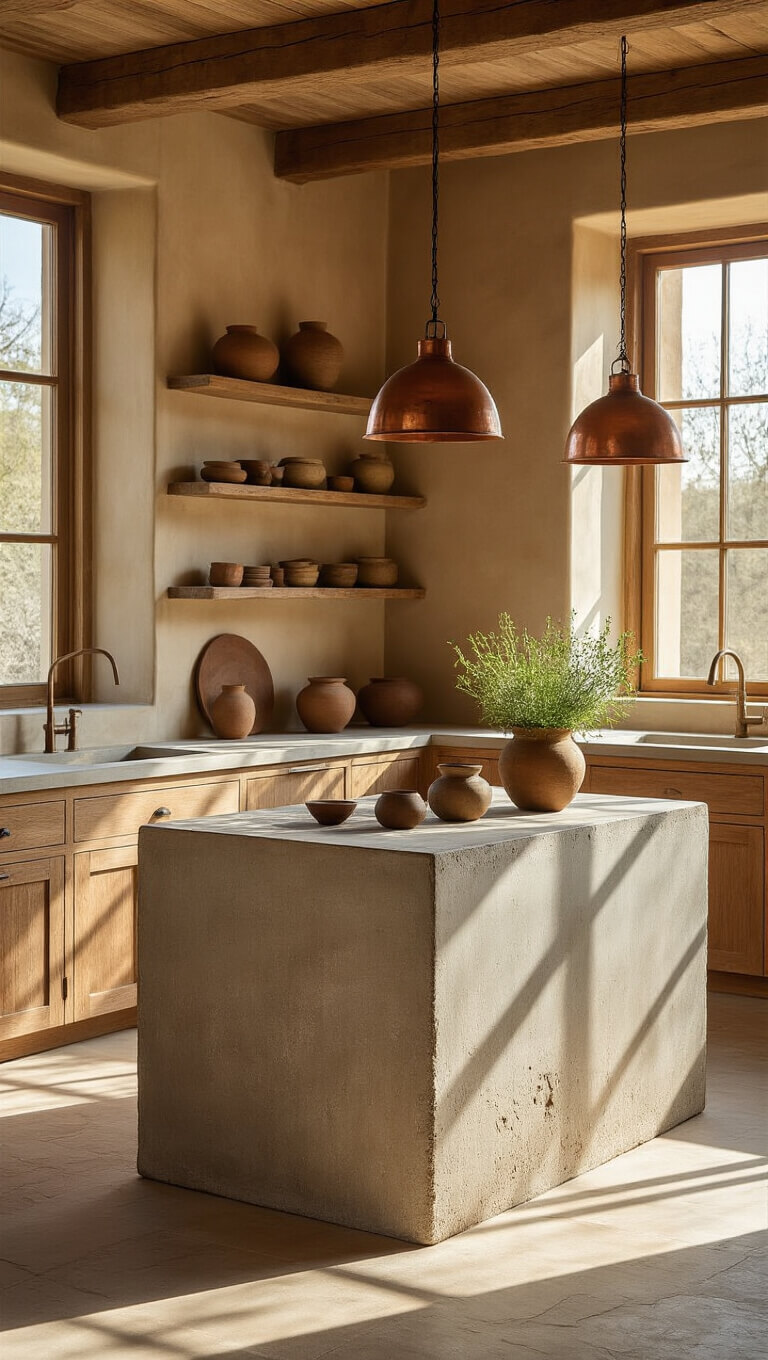 Sunlit Wabi-Sabi kitchen with weathered oak cabinets, clay-toned plaster walls, and a concrete island adorned with herbs and ceramic vessels, lit by golden hour light through west-facing windows.