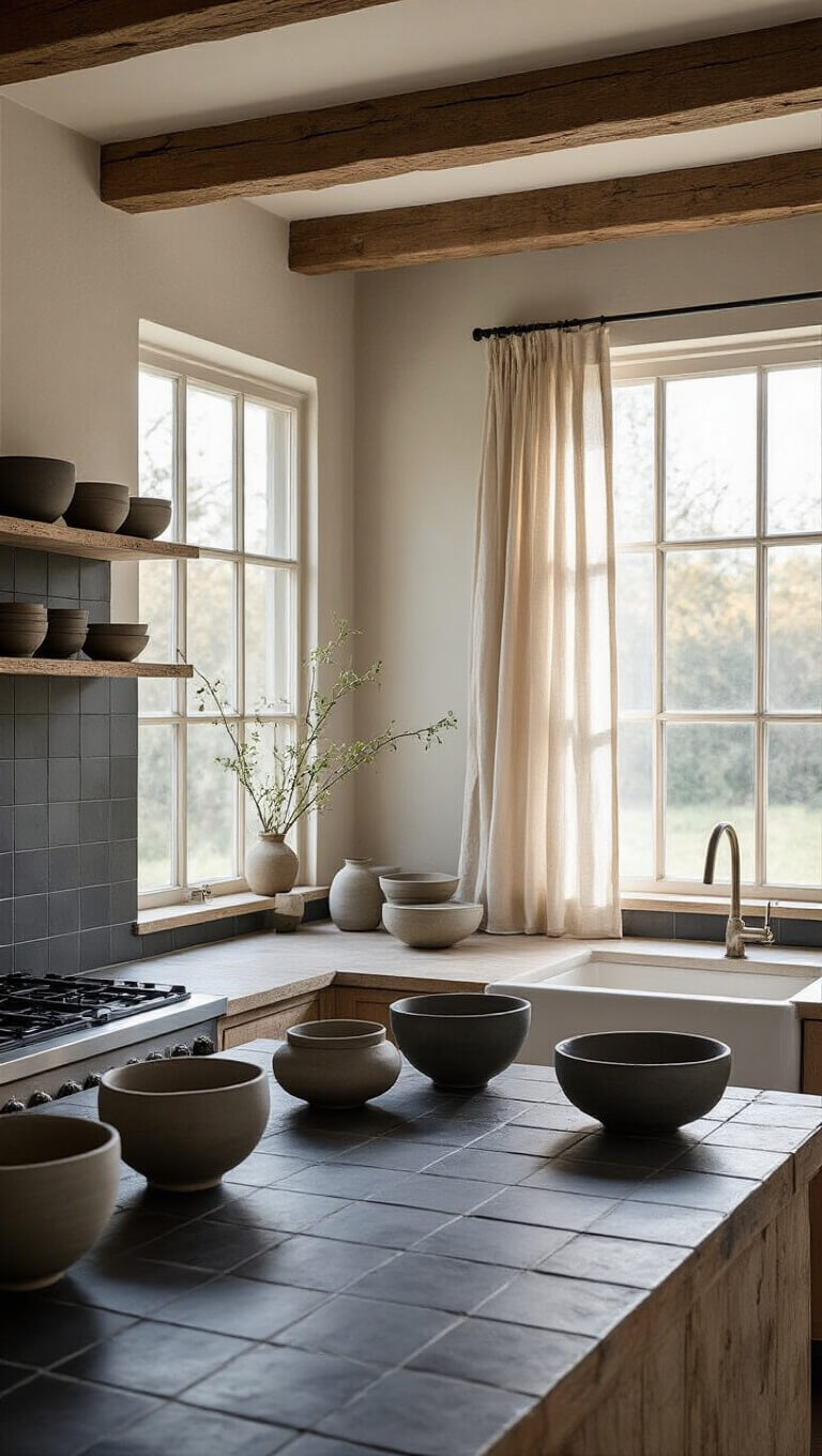 Minimalist Wabi-Sabi kitchen with morning light filtering through frosted windows, highlighting rustic textures, matte black clay tiles, and asymmetrical ceramic bowls on reclaimed wood shelves.