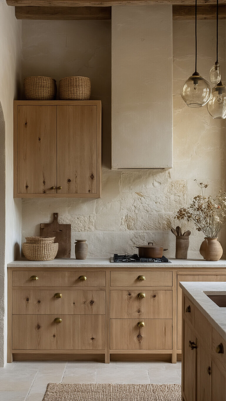 Wabi-Sabi kitchen with maple cabinets, limestone walls, fossil stone countertops, brass hardware, and bamboo baskets under ambient pendant lighting.