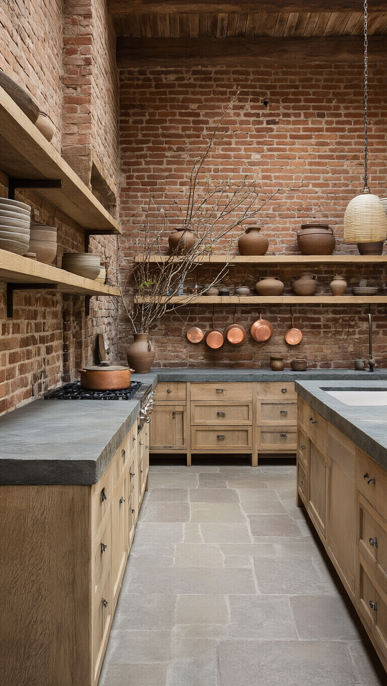 Wabi-Sabi kitchen at dusk with terracotta brick walls, raw soapstone counters, bleached oak shelves, earthy pottery, foraged branches, and verdigris copper cookware under warm lantern and skylight lighting.
