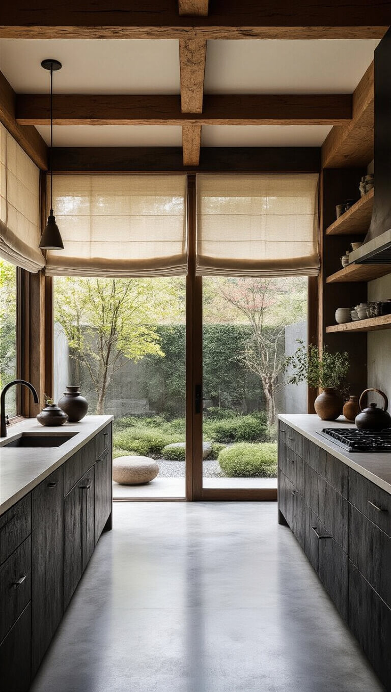 Wabi-Sabi kitchen with shou sugi ban cabinets, concrete floors, tea vessels, and zen garden view through floor-to-ceiling windows.