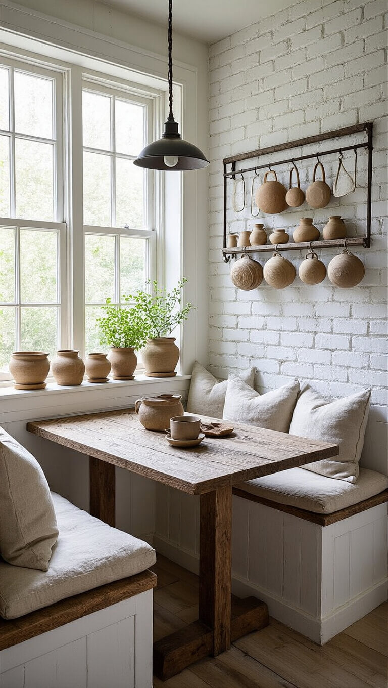 Cozy Wabi-Sabi breakfast nook with weathered pine table, whitewashed brick walls, handmade pottery, and linen-cushioned bench lit by pendant light during blue hour.