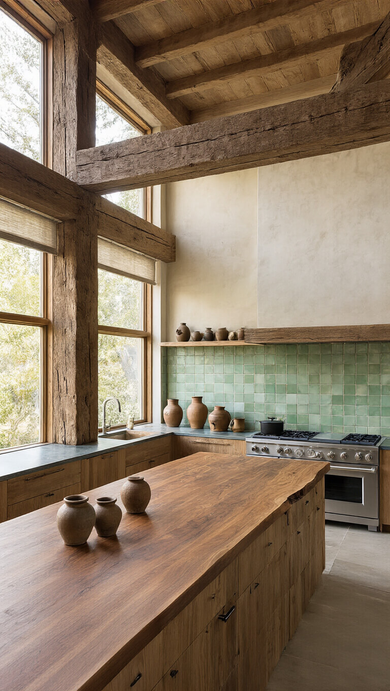 Wabi-Sabi kitchen with double-height ceiling, live-edge walnut island, sage green tiles, ceramic crocks on zinc countertops, and golden hour light streaming through clerestory windows.