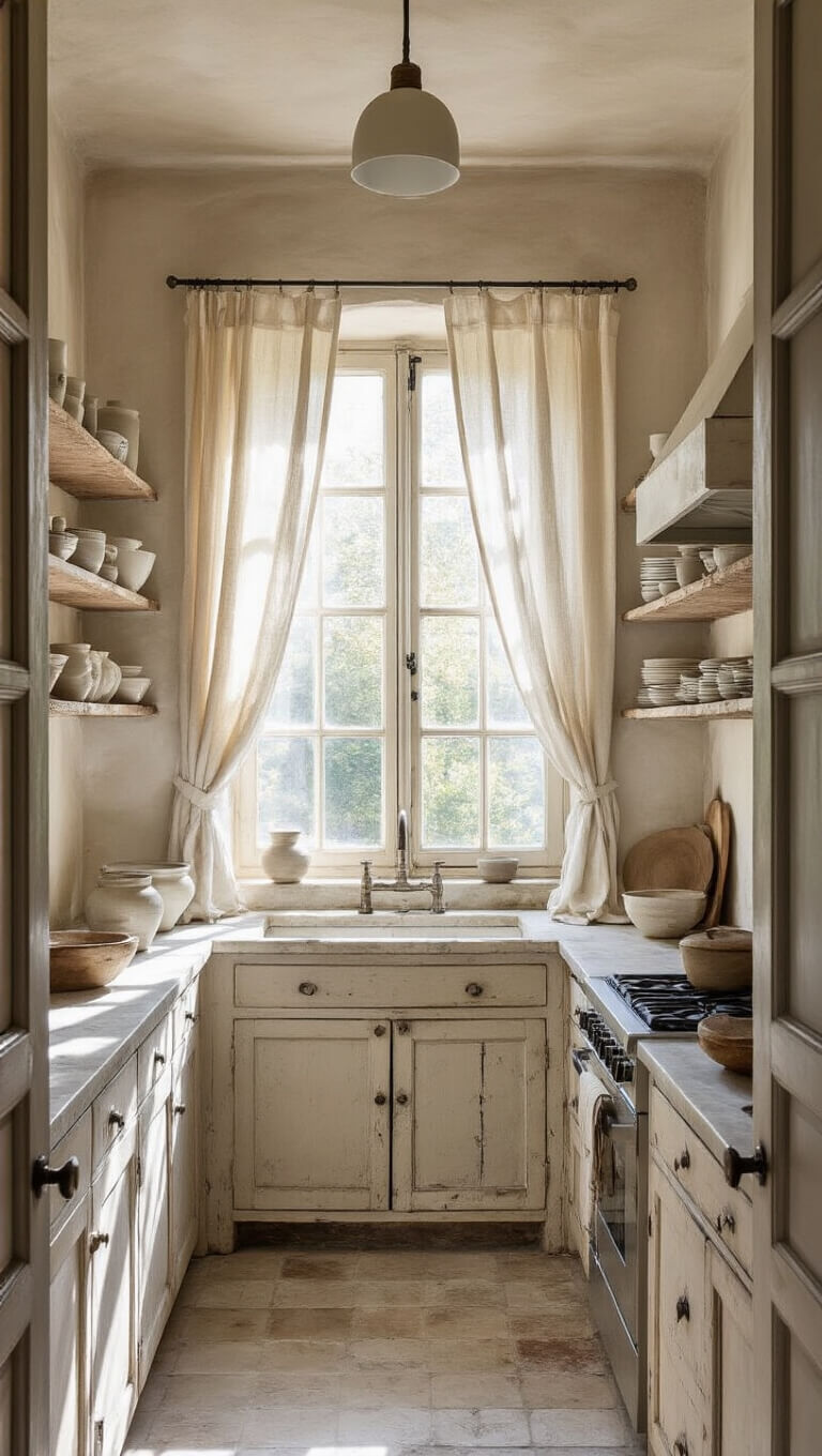 Wabi-Sabi kitchen with 1920s details, worn marble countertops, hand-troweled ivory walls, vintage ceramics on open shelves, and morning light through linen cafe curtains.