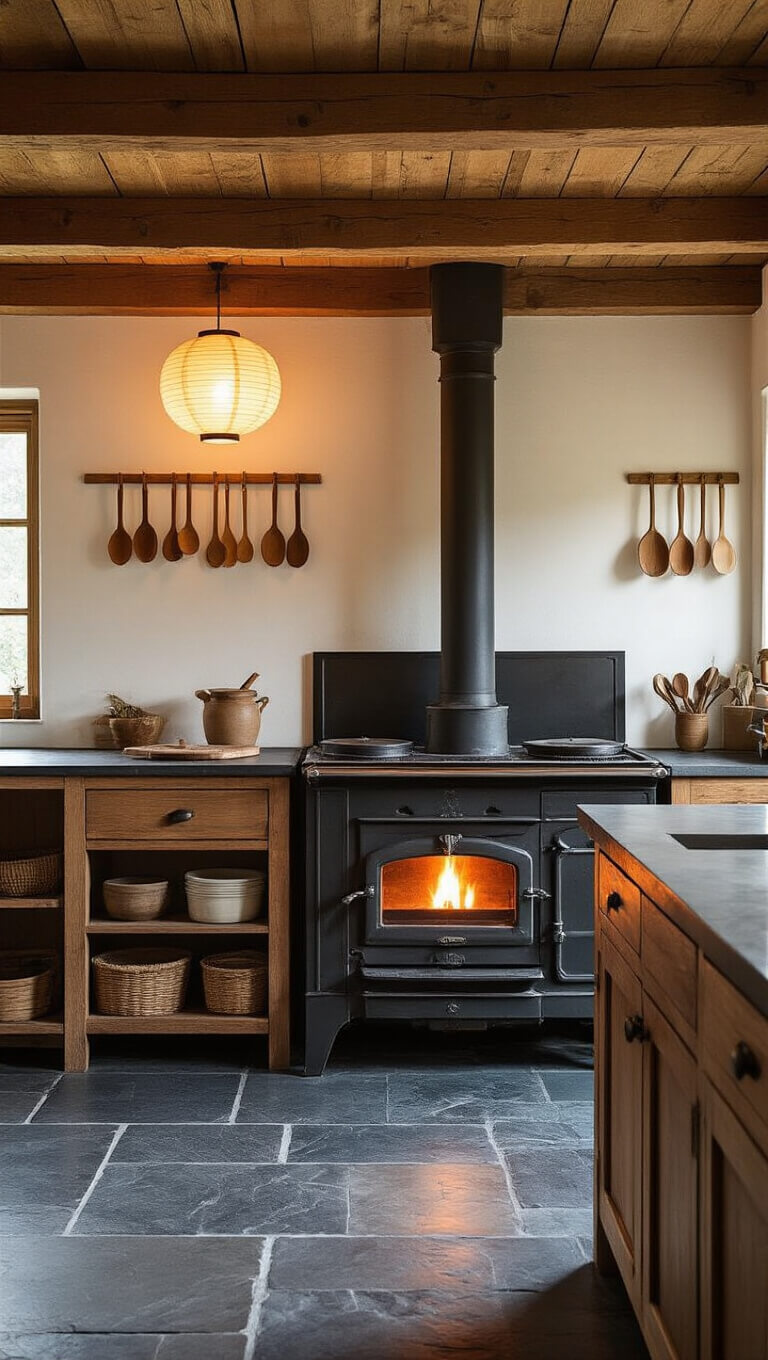 Wabi-Sabi kitchen with antique wood stove, slate floor, paper lanterns, raw beams, and aged wooden spoons.