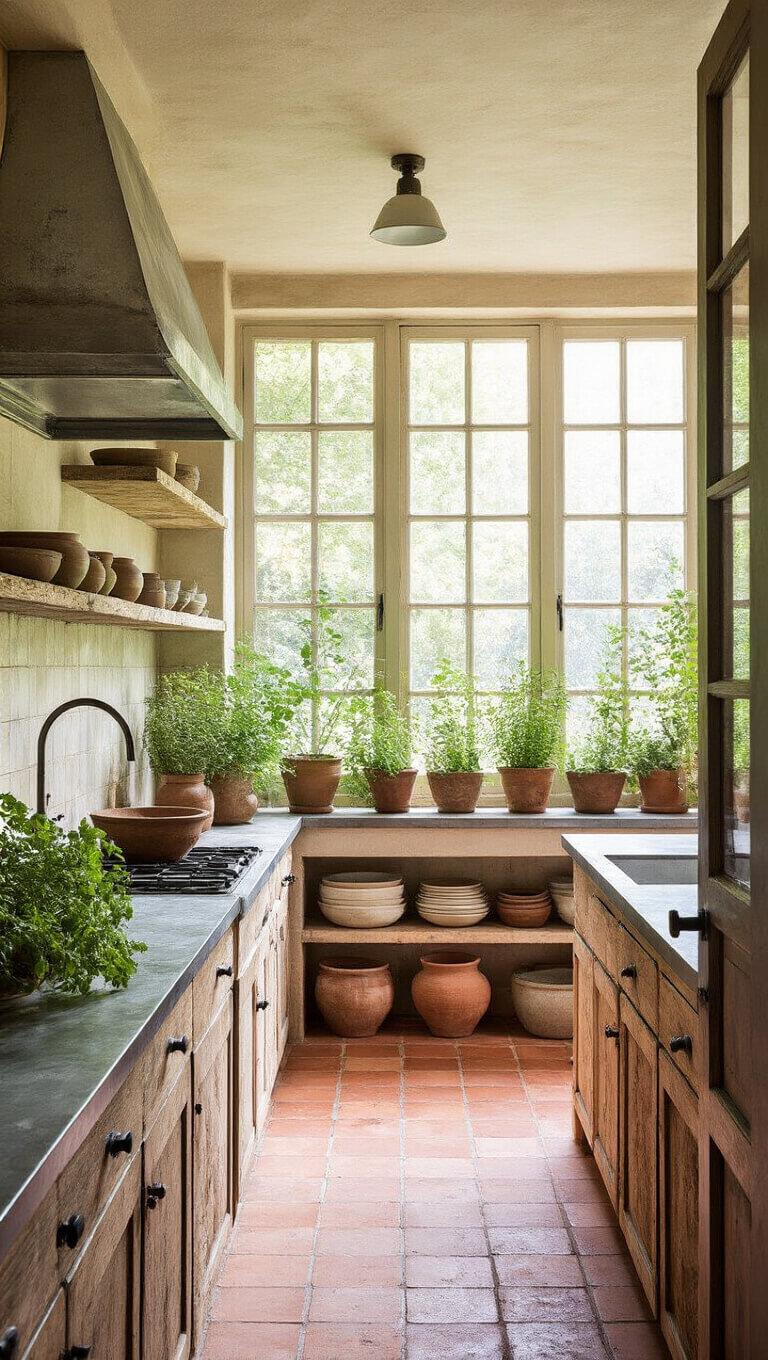 Wabi-Sabi kitchen with terracotta tile floor, zinc prep area, open shelves of earth-tone ceramics, and greenhouse window with herbs.