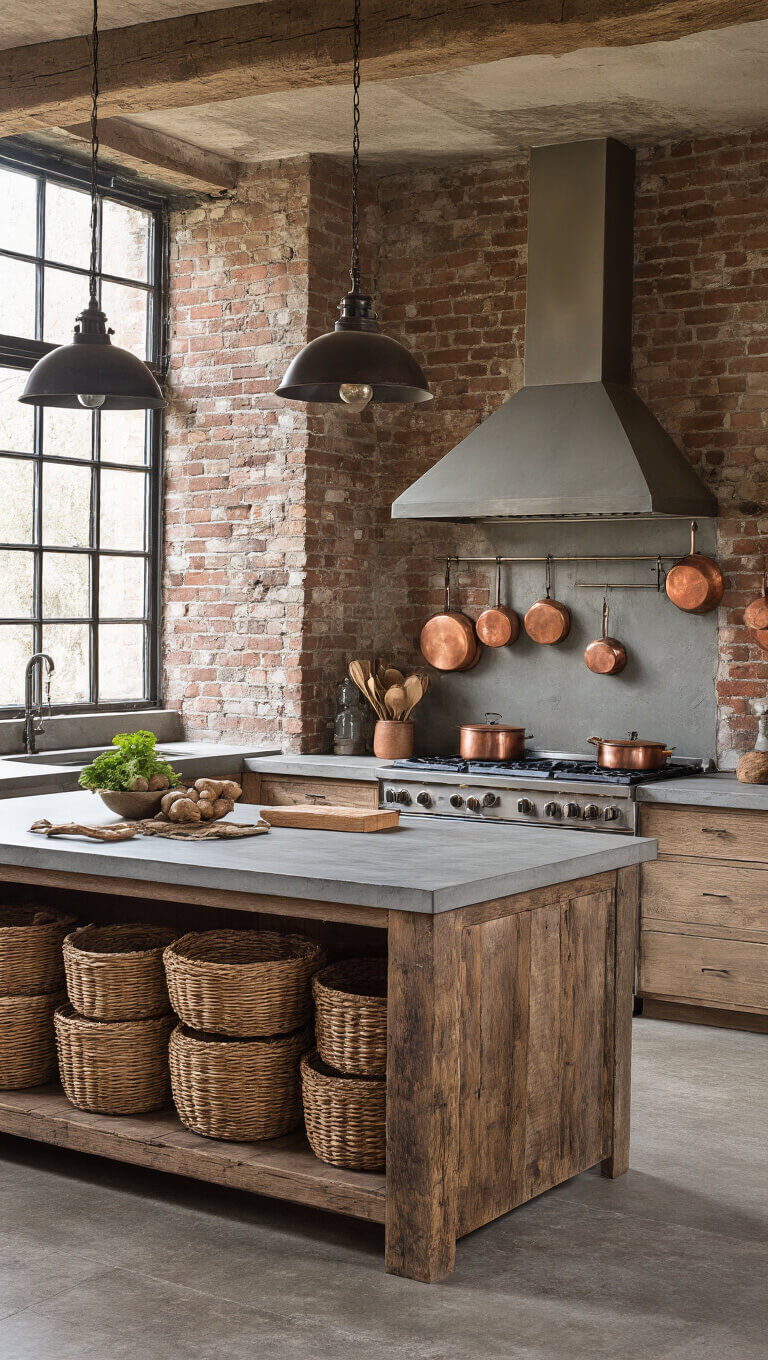 Wide-angle view of a 16x18ft Wabi-Sabi kitchen at twilight with raw brick walls, smooth concrete countertops, verdigris copper cookware, handwoven baskets under a reclaimed oak island, and ambient lighting from industrial pendant lights.