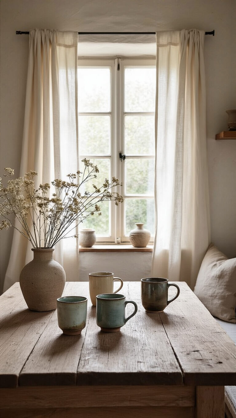 Wabi-Sabi kitchen nook with weathered oak table, handmade ceramic mugs, dried flowers in stone vase, and soft natural light through linen curtains.