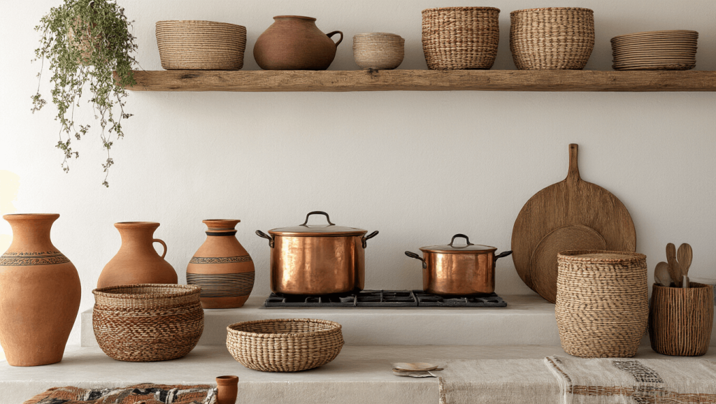 "Bohemian kitchen interior displaying terracotta pots, woven baskets, tribal art, copper cookware and natural wood elements, under warm lighting with textured textiles on white walls."