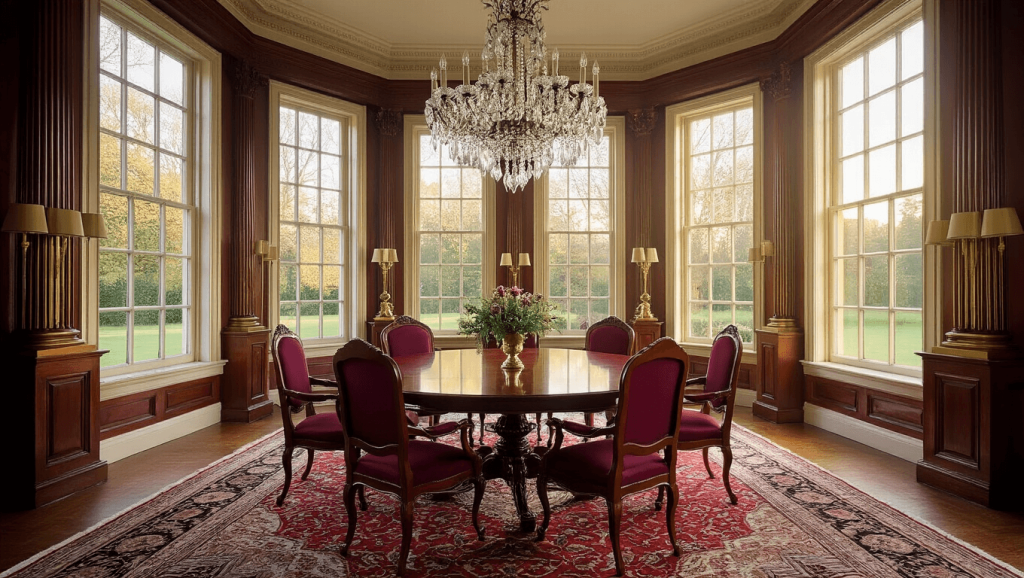 "Antique dining room with polished mahogany table, crystal chandelier, Persian rug, golden light through sash windows, and burgundy upholstered chairs"