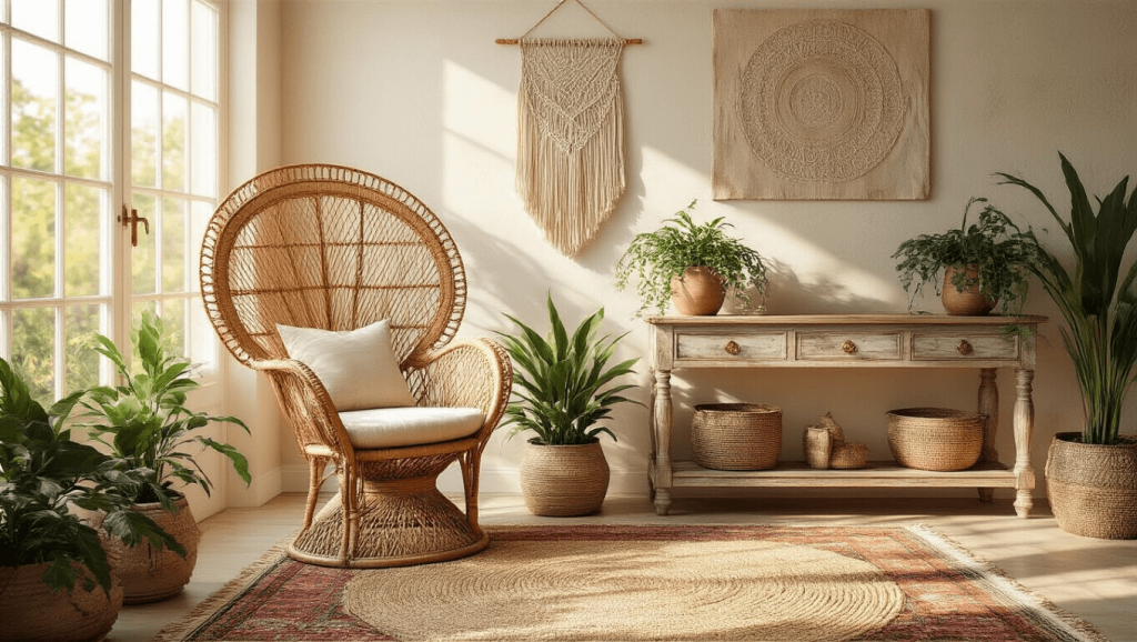 "Bohemian sunlit entryway with rattan peacock chair, layered rugs, macrame wall decor, plants and wood console table"