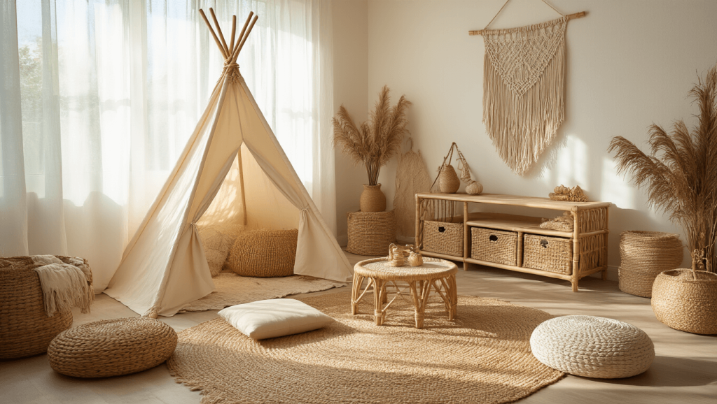 "Sunlit bohemian playroom with cream teepee, rattan furniture, natural textiles, macramé accents, and earthy tones"