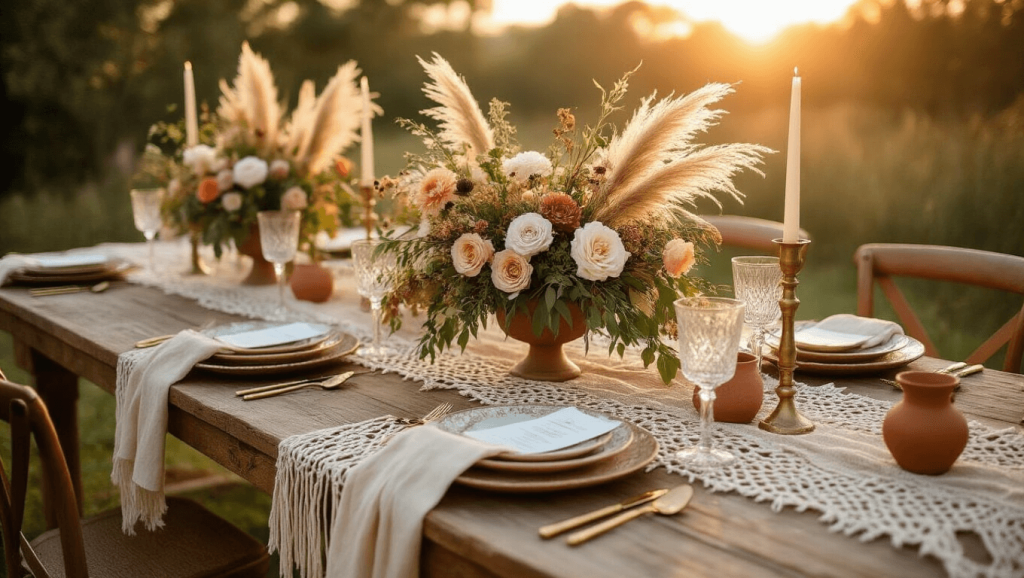 "Boho wedding table setup with macrame runner, wildflowers, vintage china, brass candleholders, and pampas grass in warm golden light"