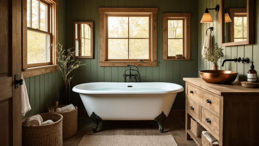 "Vintage clawfoot tub in a cozy cabin bathroom with reclaimed wood vanity, copper sink, matte black fixtures, and rustic decor illuminated by warm natural light."