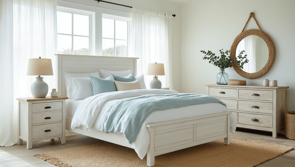 "Sunlit coastal farmhouse bedroom with whitewashed wooden bed, weathered dresser, and coastal accents on a clean, bright background"