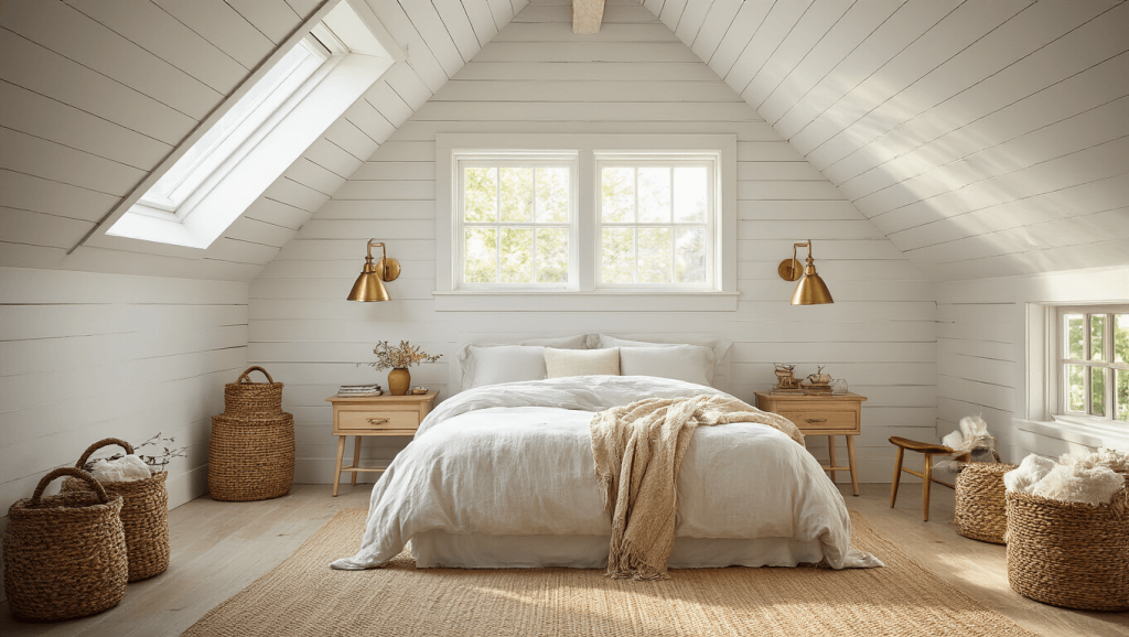 "Cozy attic bedroom with sloped ceiling, white shiplap walls, queen-sized bed with soft linens, dormer windows with golden hour light, rustic brass sconces, and rattan baskets."