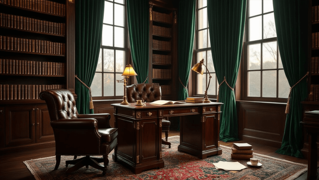 "Dark academia library with mahogany desk, leather armchair, brass lamp, velvet curtains, antique books, and warm evening light"