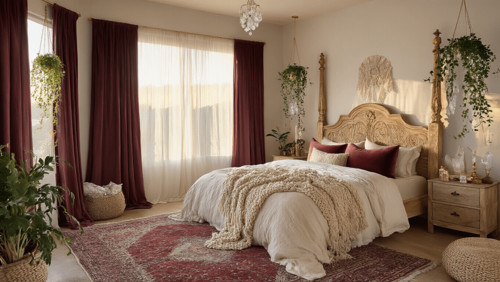 "Cozy bohemian bedroom with natural light, four-poster wooden bed, layered textiles, crystal clusters, and ambient lighting at golden hour"