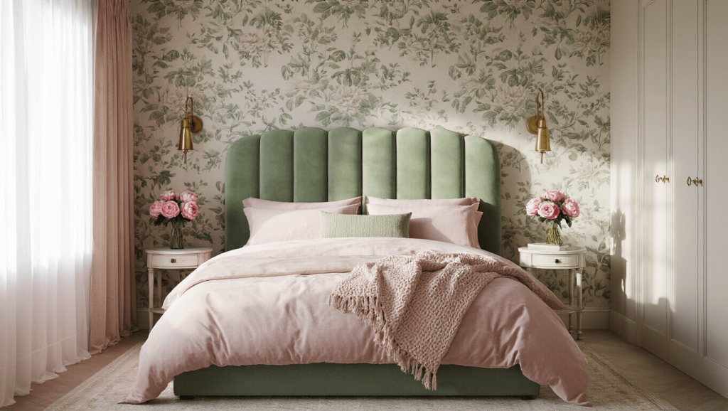 "Dreamy bedroom interior with pink and green decor, velvet headboard, botanical wallpaper, brass accents, and morning sunlight"