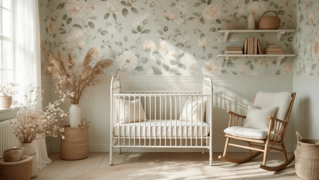 "Cottagecore nursery with vintage white crib, floral wallpaper, wooden rocking chair, dried flowers, woven baskets, vintage children's books, and fairy lights"
