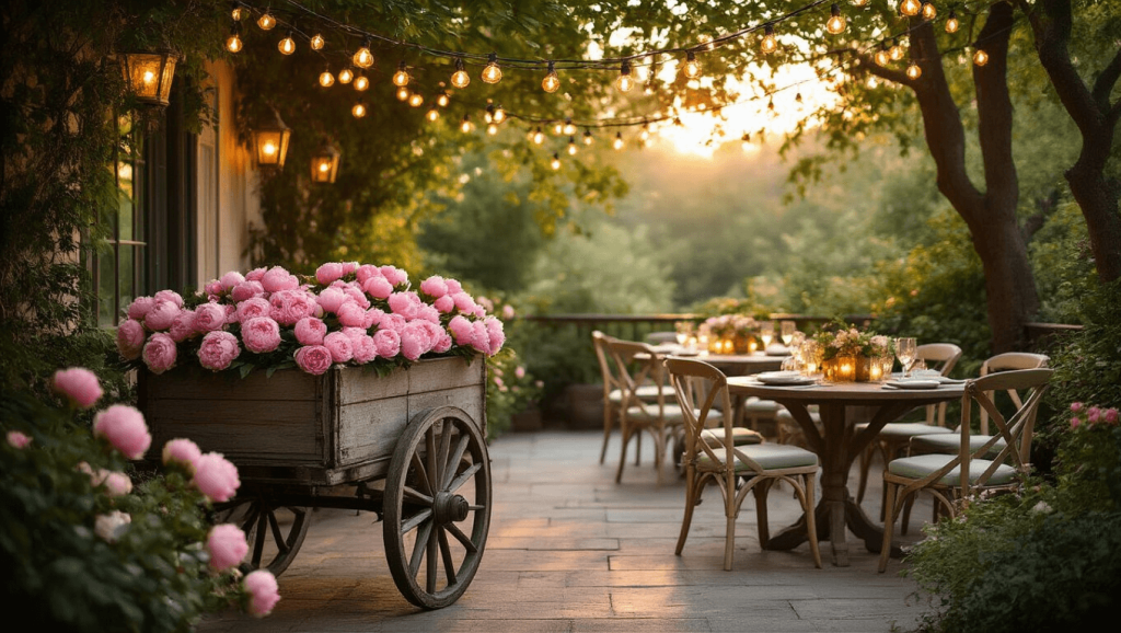 "Dreamy garden terrace party adorned with string lights, a vintage cart full of pink peonies, wooden tables, and glowing copper lanterns during golden hour"