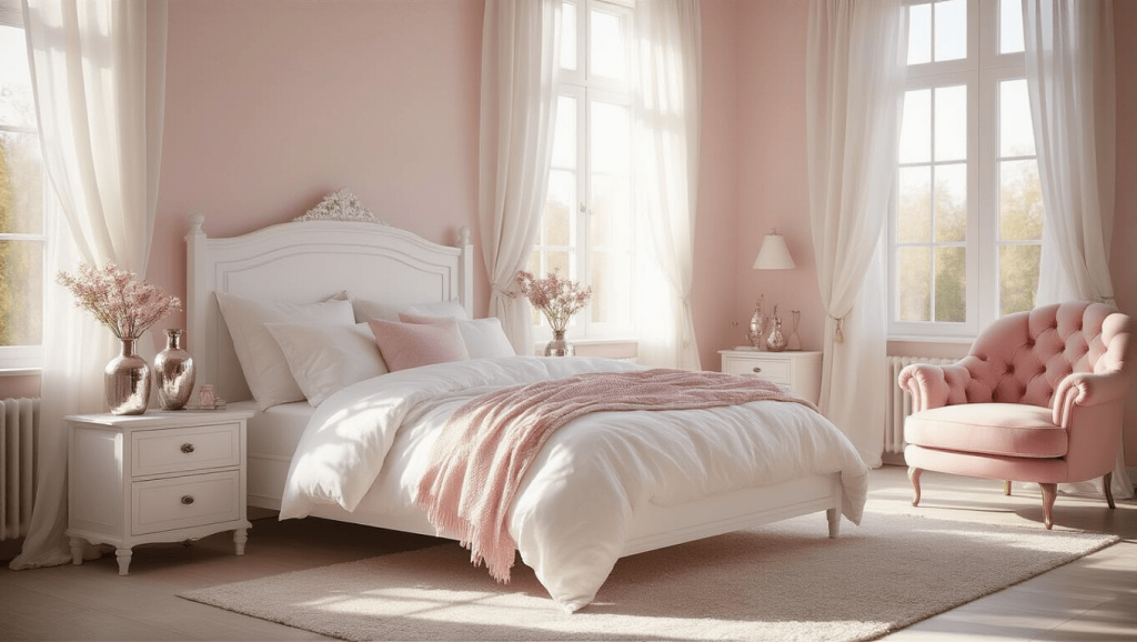 "Dreamy pink and white bedroom interior with plush textures, natural light streaming through tall windows, and decorative accents"