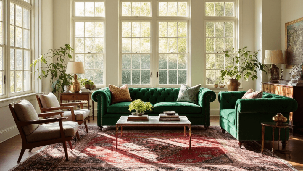 "Eclectic living room with emerald Chesterfield sofa, Persian rug, vintage decor, and sunlit windows during golden hour"