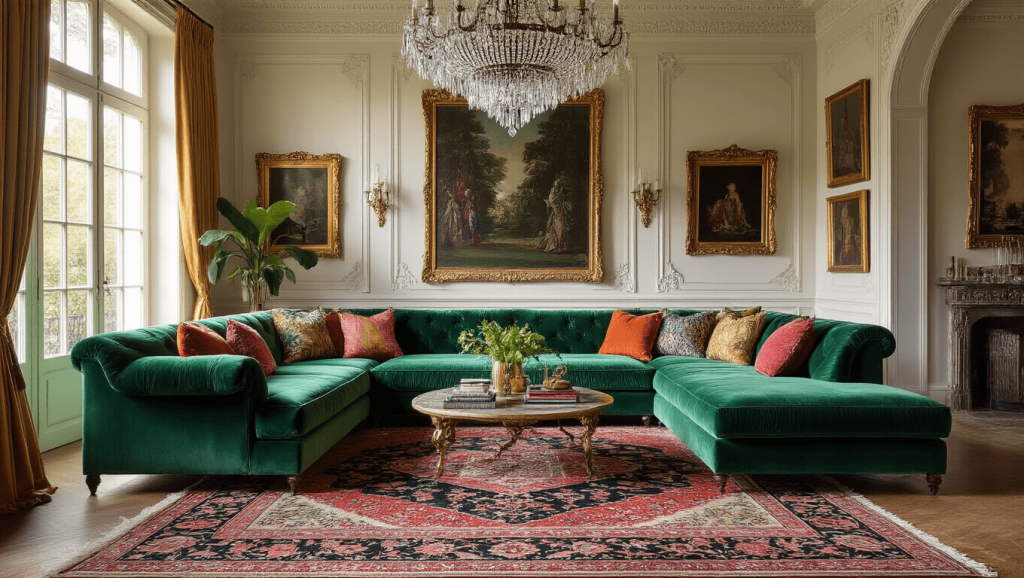 "Eclectic maximalist living room with emerald velvet sofa, vintage Persian rug, crystal chandelier, ornate gold frames, and warm ambient lighting."