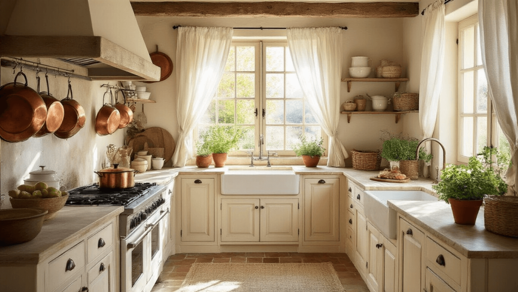 "French country kitchen with cream cabinets, copper pots, marble countertops, and farmhouse sink bathed in soft morning light"