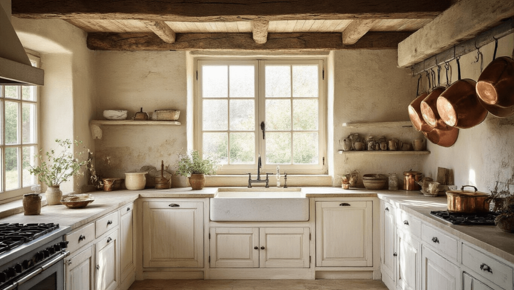 "Vintage French farmhouse kitchen with copper pots, distressed cabinets, limestone sink, exposed beams and warm sunlight."