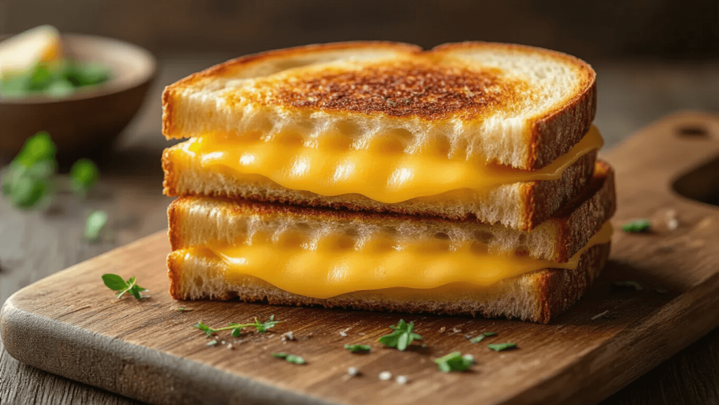 "Gourmet grilled cheese sandwich on sourdough bread with melted cheddar, served on a rustic wooden board in warm, natural lighting"