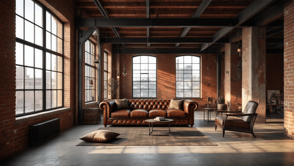 "Industrial loft living room with exposed brick walls, leather sofa, and steel beams illuminated by warm afternoon sunlight"