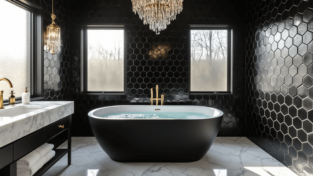 "Luxurious black bathroom with brass fixtures and marble soaking tub, sunlight streaming through a frosted window, and a crystal chandelier"