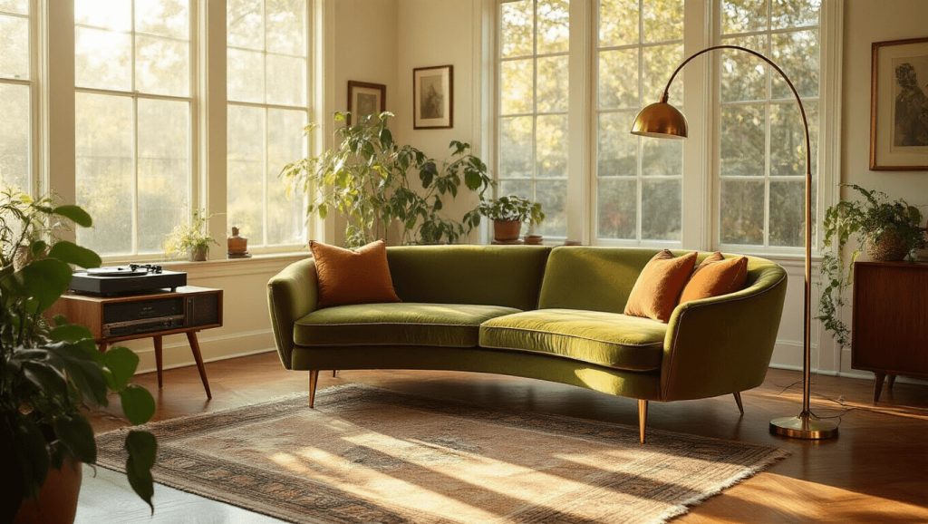 "Midcentury modern living room with olive green velvet sofa, brass accents, herringbone oak floors and vintage accessories, basked in the warm glow of the golden hour."